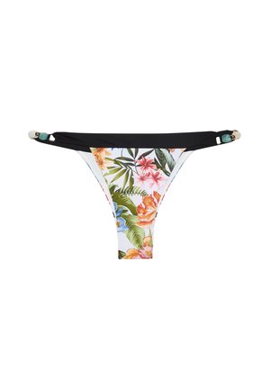 Parte inferior de bikini con cinturilla negra, estampado floral en tela blanca con flores naranjas, rosas, azules y hojas verdes, detalles de cuentas laterales.
