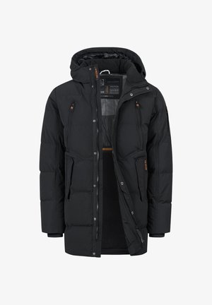 Giacca nera imbottita con cappuccio removibile, dotata di molteplici tasche con zip e una morbida fodera interna, realizzata in materiale impermeabile.