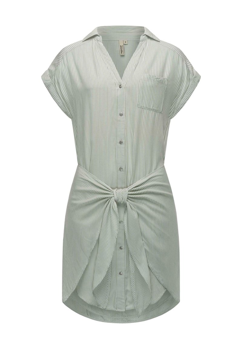 Rochie dintr-o material de culoare verde deschis, cu dungi, cu un guler butonat, mâneci scurte, un buzunar pe piept și un detaliu legat la talie.