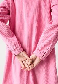 Ροζ βελου�τέ φόρεμα με ριγωτή υφή, μανίκια μπαλονιού και κουμπιά στο μανίκι. Τα χέρια είναι σταυρωμένα πίσω από την πλάτη, με ελάχιστες λεπτομέρειες ορατές.