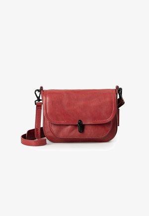 Red leather crossbody bag with a flap closure, black hardware, adjustable strap, and stitched detailing along the edges.