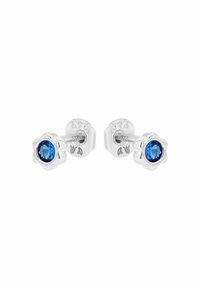 Orecchini a perno argentati con design floreale che presenta una pietra preziosa blu al centro. Il retro è esagonale con dettagli incisi.