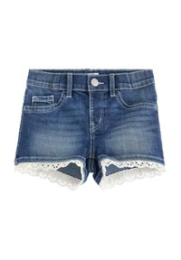 Mørkeblå denim shorts med en tætsiddende pasform, der har en bølget hvid blondertrim i kanten og klassisk fem-lomme stil.
