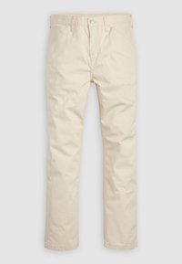 Pantaloni in cotone beige con design a gamba dritta, caratterizzati da chiusura con zip, bottone e tasche anteriori. Tessuto liscio e senza motivi visibili.