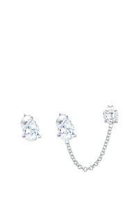 Pendientes de plata que presentan una forma de lágrima y una gema clara redonda, conectados por una delicada cadena. Acabado brillante con cierres seguros.