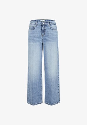 Šviesiai mėlyni plačios kojų džinsai, pagaminti iš džinsinio audinio. Jiems būdingas aukštas liemuo, tradicinis penkių kišenių dizainas ir švelnus blukimas.