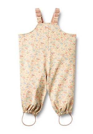 Børneoveralls med blomsterprint, justerbare lyserøde skulderstropper og elastiske manchetter med fodløkker.