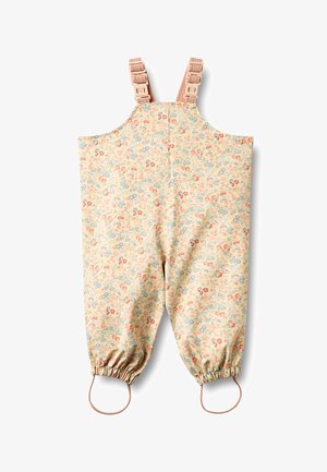 Salopettes pour enfants à imprimé floral, avec bretelles réglables roses et bas élastiqués munis de boucles pour les pieds.