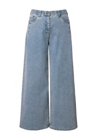 Jasnoniebieskie dżinsy o szerokich nogawkach wykonane z denimu, z wysokim stanem, przednimi kieszeniami oraz wykończonym brzegiem nogawek. Casualowy i luźny krój.