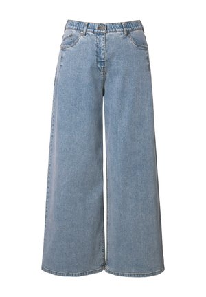 Jasnoniebieskie dżinsy o szerokich nogawkach wykonane z denimu, z wysokim stanem, przednimi kieszeniami oraz wykończonym brzegiem nogawek. Casualowy i luźny krój.