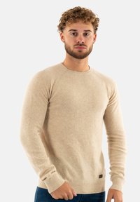 Maglione in lana beige con maniche lunghe, scollatura rotonda, polsini e orlo a coste. Presenta una piccola etichetta con logo in basso a sinistra.