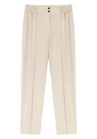 Beiget housut, joissa on laskosmuotoilu, resorivyötärö, kaksi mustaa nappia ja sivutaskut. Sileä pinta ja suora lahkeen muoto.