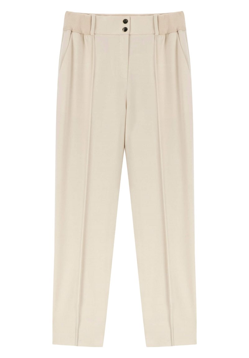 Beiget housut, joissa on laskosmuotoilu, resorivyötärö, kaksi mustaa nappia ja sivutaskut. Sileä pinta ja suora lahkeen muoto.