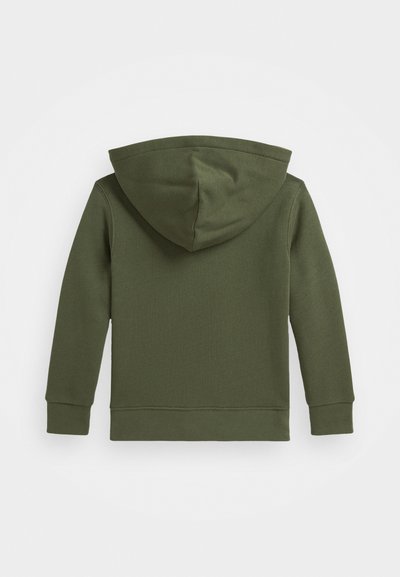 Olivově zelená mikina s kapucí vyrobená z texturované bavlny, s dlouhými rukávy a žebrovanými manžetami a lemem. Bez zipu, s jednoduchým vzhledem.