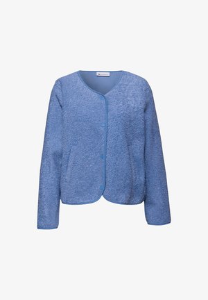 Veste en polaire bleue douce à manches longues, col rond et fermeture à boutons-pression sur le devant.