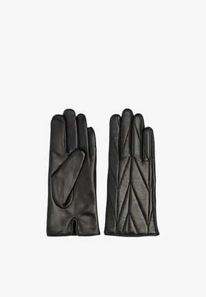 Svarta läderhandskar med ett kviltat mönster på baksidan. Handflatorna är släta med en urtagning vid handleden för enklare påtagning.
