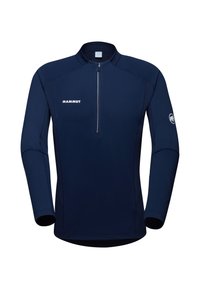 Marineblauer Quarter-Zip-Pullover aus elastischem Material, mit leichtem Glanz, taillierter Passform und weißem Logo auf der Brust und dem Ärmel.