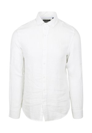 Witte lange mouwen overhemd van linnen. Heeft een button-down kraag, een voorpand met knopen en een gebogen zoom. Glad textuur.