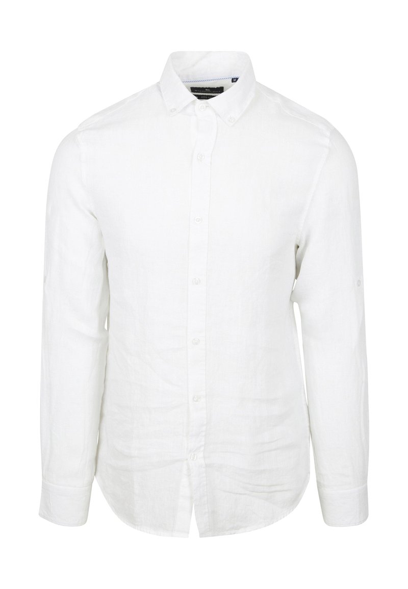 Witte lange mouwen overhemd van linnen. Heeft een button-down kraag, een voorpand met knopen en een gebogen zoom. Glad textuur.