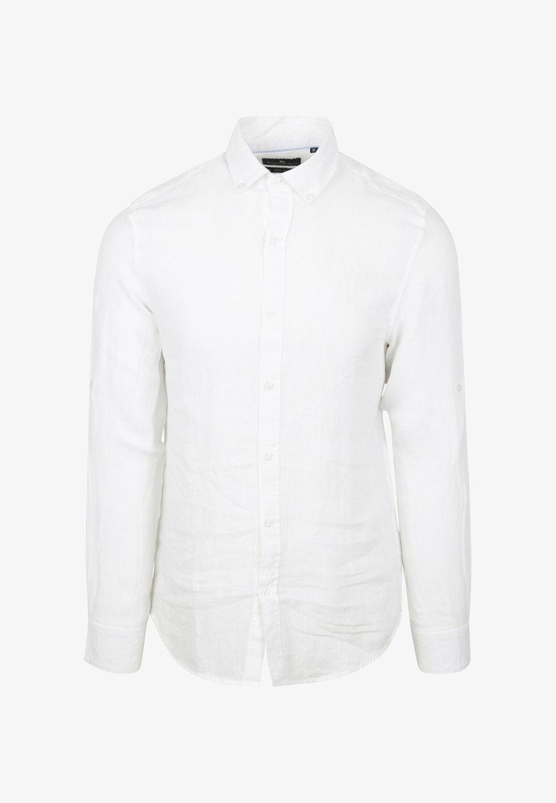 Witte lange mouwen overhemd van linnen. Heeft een button-down kraag, een voorpand met knopen en een gebogen zoom. Glad textuur.