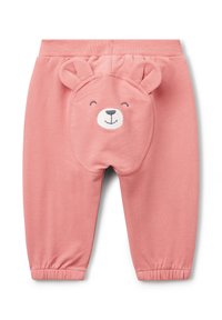 Růžové kalhoty pro batolata s elastickými manžetami a designem medvědí tváře a uší na zadní části.