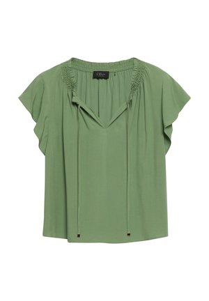 Jasnozielona damska bluzka z krótkimi falistymi rękawami, marszczonym dekoltem i przednimi troczkami zakończonymi metalowymi końcówkami.
