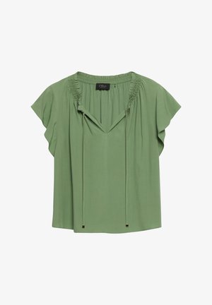 Blouse vert clair pour femme avec manches courtes volantées, encolure froncée et liens devant avec embouts métalliques.
