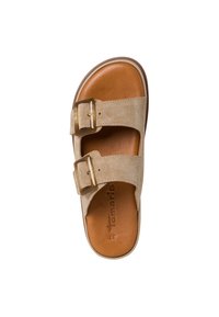 Beige suede sandal with two adjustable buckles and a brown cushioned footbed. Rounded toe and slightly elevated outsole.