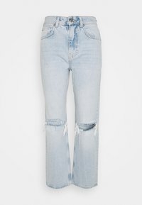 Ljust blå högmidjade jeans med rak ben-design, med slitna knäskärningar och fransade kanter, tillverkade av denimmaterial.