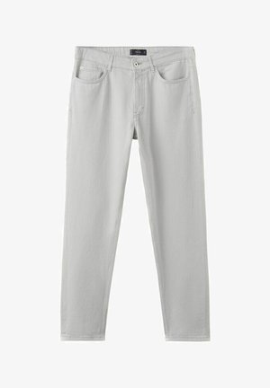 Lysegrå slim-fit jeans med front knap, lynlås, bæltestropper og fem-lomme design, vist fladt på hvid baggrund.