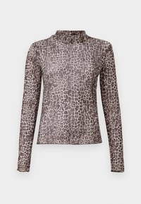 Ilga rankovė, prigludęs turtleneck viršus, pagamintas iš permatomo audinio su pilkos ir juodos leopardo rašto spauda, pasižymintis aukštu kaklu ir pailgintomis rankovėmis.