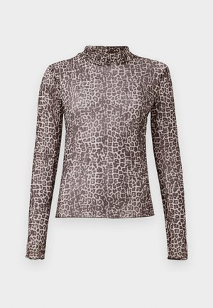 Langærmet, tætsiddende turtleneck-top i en gennemsigtig stof med et gråt og sort leopardprint-mønster, der har en høj halsudskæring og forlængede ærmer.