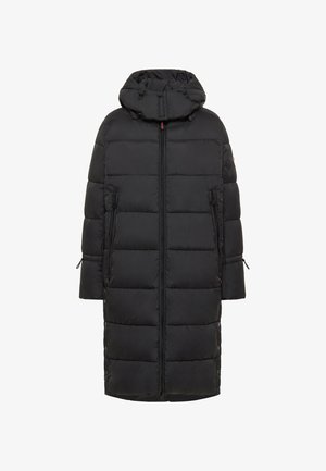 Czarna kurtka puchowa z kapturem, z zamkiem z przodu, dwoma bocznymi kieszeniami i pikowanym wzorem z poziomymi sekcjami.