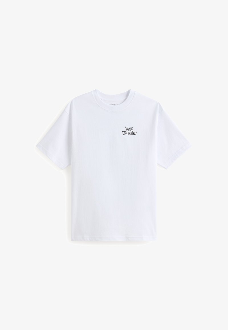 Bílý bavlněný tričko s krátkým rukávem a kulatým výstřihem. Na levé straně hrudi je malé černé logo "VANS OFF THE WALL".