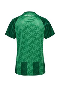 Groen sportshirt met een geometrisch patroon in verschillende tinten groen. Korte mouwen, ronde hals, en een effen ondergedeelte.