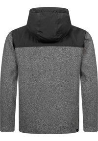 Gray fleece jacket with a black nylon upper. Features a hood and textured fabric, designed for warmth and comfort.
