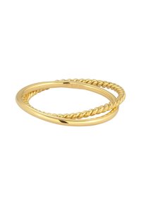 Guldringe sæt bestående af en glat oval ring og en snoet ring, begge med en poleret finish. Elegant og let design, velegnet til stabling.