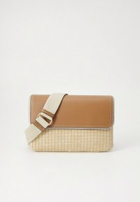 Rectangular crossbody bag with tan leather flap, beige woven bottom, and adjustable beige fabric strap with gold buckle.