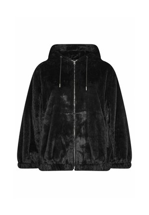 Schwarze Zip-Hoodie aus flauschigem Material, mit Kapuze, elastischen Bündchen und verstellbaren Kordelzügen für eine anpassbare Passform.