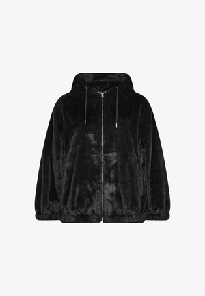 Zwarte zip-up hoodie gemaakt van pluche stof, met een capuchon, elastische manchetten en trekkoorddetails voor een verstelbare pasvorm.