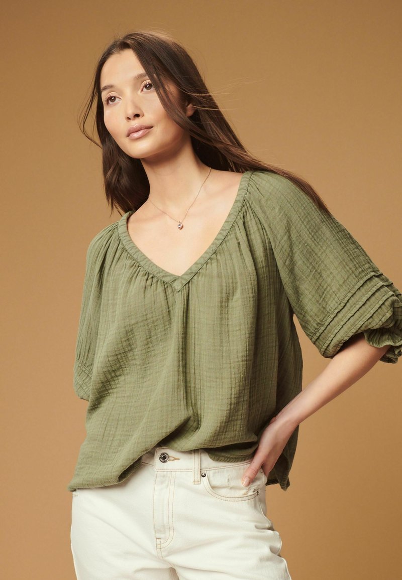 Next WASHED V-NECK - Blúzka - khaki green