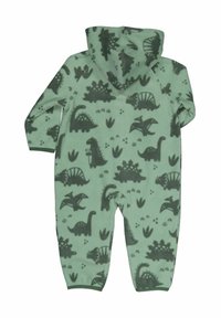 Vihreä fleecahaalari, jossa on huppu, ja se on varustettu tummanvihreillä dinosaurusteemoilla ja kasvimotiiveilla. Mukava, pehmeä rakenne sekä hihansuiden ja lahkeiden resorit.