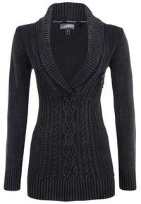 Cárdigan negro con cuello chal, puños acanalados y diseño de punto en cable texturizado. Fabricado con una tela suave y elástica.