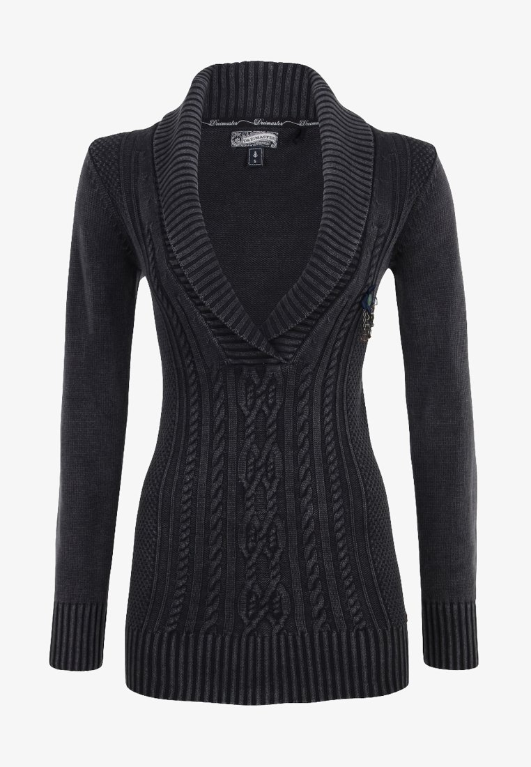 Cárdigan negro con cuello chal, puños acanalados y diseño de punto en cable texturizado. Fabricado con una tela suave y elástica.