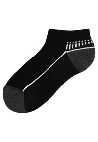 Schwarze Knöchelsocken mit grauem Fersenbereich und weißem Akzentstreifen, die ein gemustertes Grip-Design an der Oberseite haben. Hergestellt aus dehnbarem Stoff.