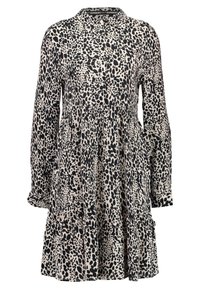 Abito leopardato in beige e nero, realizzato in tessuto leggero, con uno scollo a bottone, maniche lunghe e un design a gonnellina a strati.