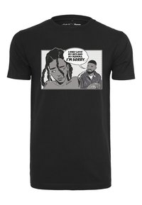 Sort bomulds T-shirt med et grafisk design i tegneseriestil, der viser to figurer og tekst. Designet er i grå og hvid med tydelige ansigtsudtryk.