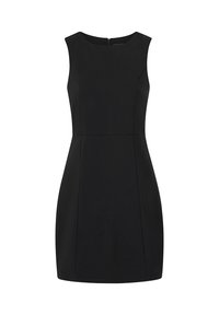 Sort ærmeløs kjole med en tætsiddende konstruktion, der har rund halsudskæring, lynlås i ryggen og sømdetaljer for struktur.