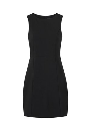 Sort ærmeløs kjole med en tætsiddende konstruktion, der har rund halsudskæring, lynlås i ryggen og sømdetaljer for struktur.