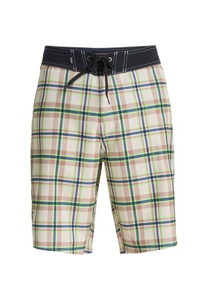 Men's plaid swim trunks in tan, green, and blue colors. Features a black elastic waistband with drawstring and a smooth texture.